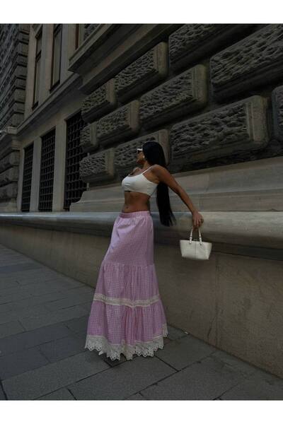 Friday Mood Women's Plaid Lace Detailed Maxi Skirt