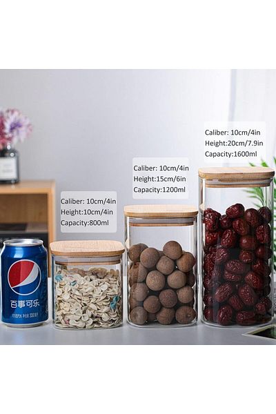 AKDC Set of 3 Square Glass Jars with Bamboo Lids, Airtight Storage for Pasta, Snacks (800-1600ML)