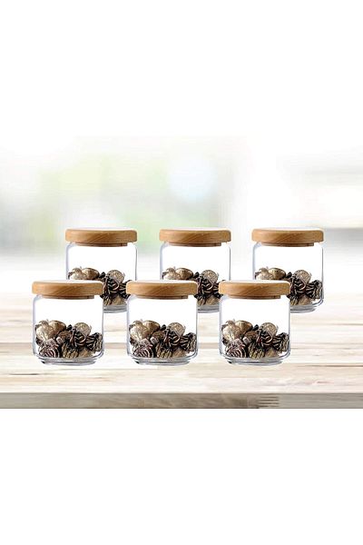 Ocean Pop Jar with Wooden Lid, Set of 6, 500ml, Clear Airtight Food Storage Canister, Canning Jar