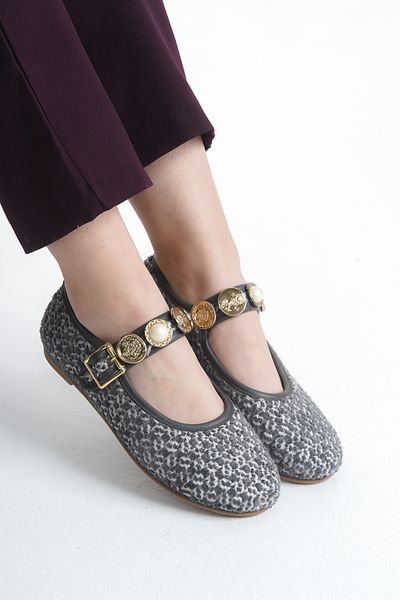 Nexs Daily Women's Gray Knitwear Ballerina Strap Adjustable Buckle Lightweight Comfortable Shoes