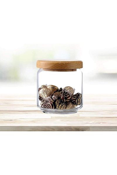 Ocean Pop Jar with Wooden Lid, Set of 6, 500ml, Clear Airtight Food Storage Canister, Canning Jar