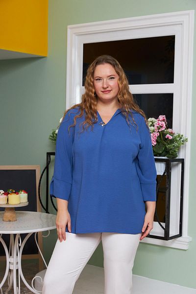 RMG Large Size Indigo Collar Revealed Blouse