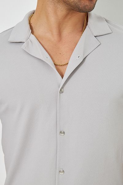 ZİNOX Men's Knitted Fabric Buttoned Apache Collar Stylish Crepe Pattern Short Sleeve Shirt Suitable for Daily Use
