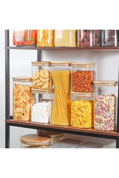 AKDC Set of 6 Square Glass Jars with Bamboo Lids, Airtight Food Storage for Tea, Coffee, Snacks
