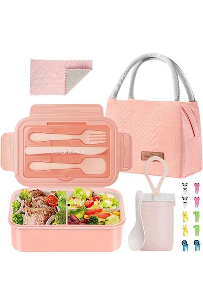COOYA Bento Lunch Box for Kids,Durable Leak-proof,with 3 Compartments and Cup,Lunch Bag,Spoon,Fork,Pink