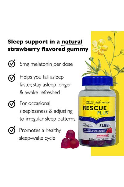 Rescue Bach RESCUE PLUS Melatonin Sleep Gummies, Natural Strawberry, Vegan, Gluten-Free, 60 Count