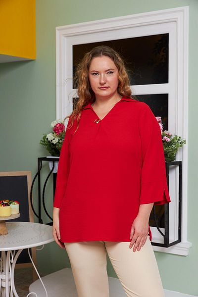 RMG Large Size Red Collar Detailed Blouse
