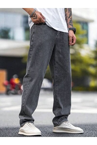 Cuqq Denim Blugi gri pentru bărbați, spălați cu acid, pantaloni largi, blugi