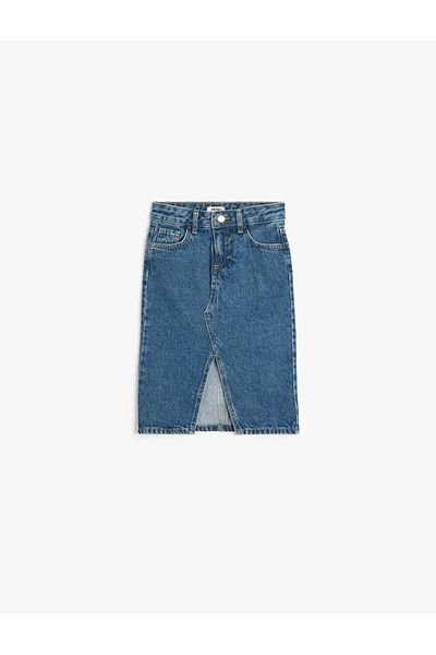 Koton Cotton A-Line Denim Skirt with Pockets and Slit Detail