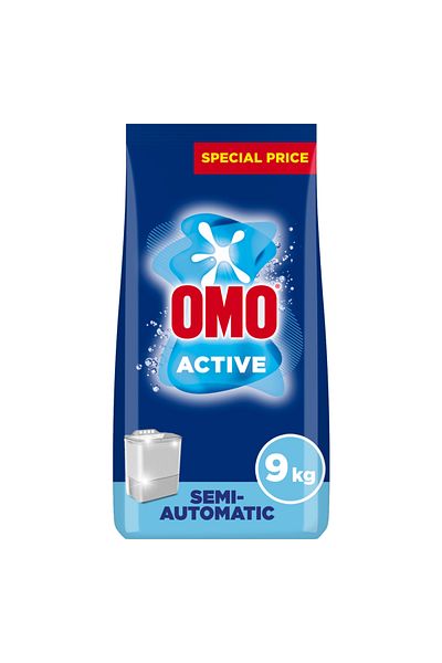 Omo مسحوق غسيل نصف أوتوماتيكي، فعال، إزالة البقع بنسبة تصل إلى 100% في غسلة واحدة* 9 كجم