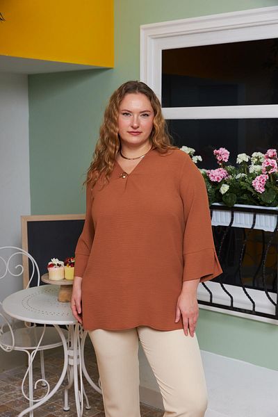 RMG Large Size Collar Detail Blouse Camel