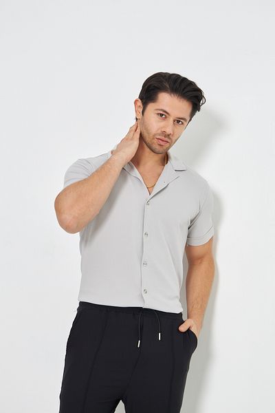 ZİNOX Men's Knitted Fabric Buttoned Apache Collar Stylish Crepe Pattern Short Sleeve Shirt Suitable for Daily Use