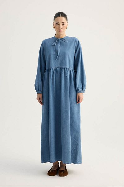 ZÜLAYS Rochie din denim cu cravată cu guler albastru