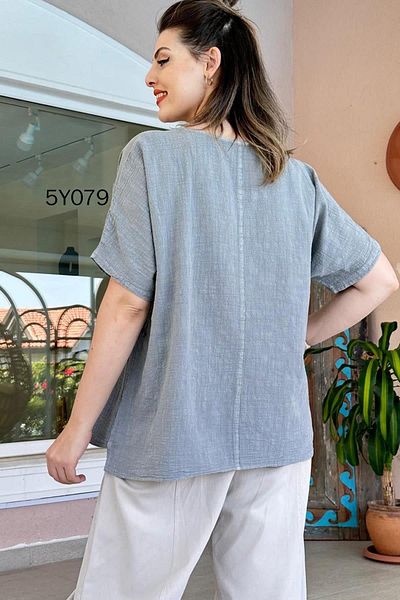 İnce Topuk Cross Buttoned Linen Blouse 5Y079
