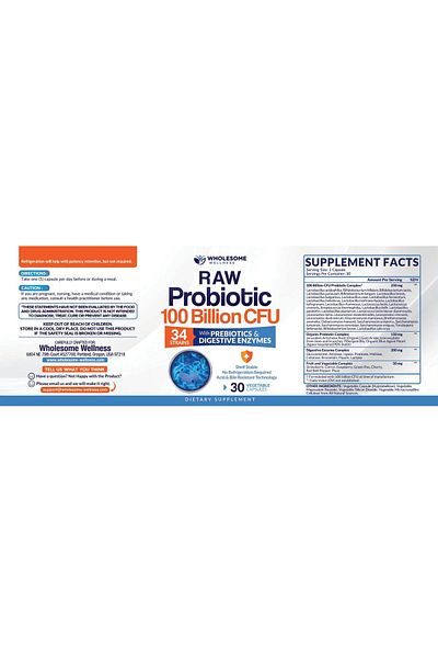 Wholesome Wellness Organic Raw Probiotics 100B CFU, Prebiotics & Digestive Enzymes, 30 Caps, Shelf Stable