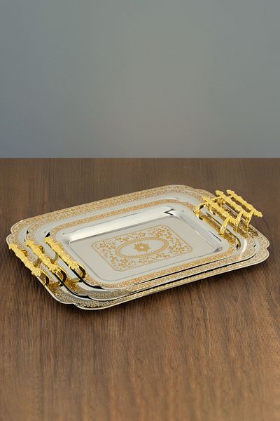 ALSAIF 3-pieces Serving Tray Set, Modern And Elegant Design That Adds Touch To Any Space, Chrome
