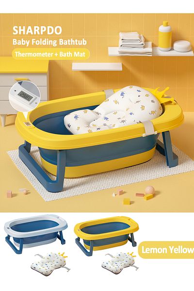 sharpdo Children's Folding Bathtub with Cushion and Thermometer