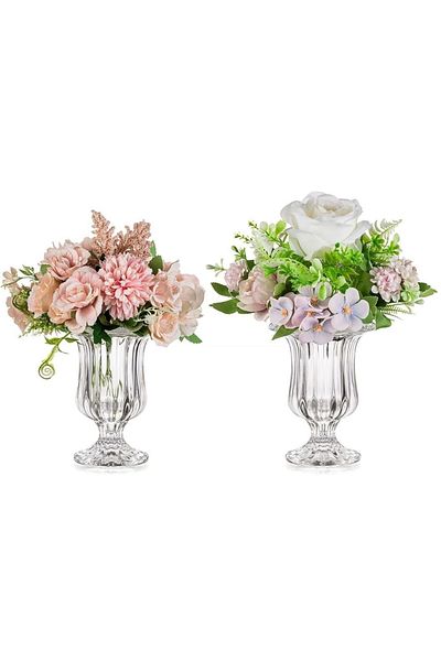 Home Zone Set of 2 Small Pedestal Flower Vases Footed Urn for Flowers, Dining Table Decoration
