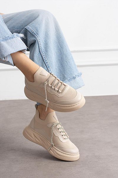 ShoeTek Pantofi Poliviacadın - Tricotaje cu șireturi cu pietre Pantofi sport din piele bej țesute