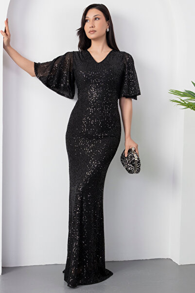 PULLIMM V Yaka Uzun Pulpayet Elbise AP-3004