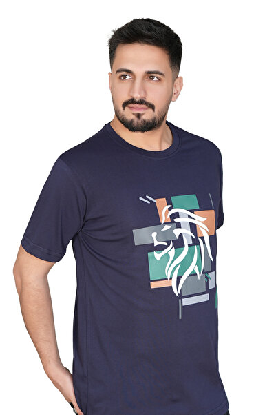 MODA Modern Lion Pattern Printed Navy Blue T-Shirt