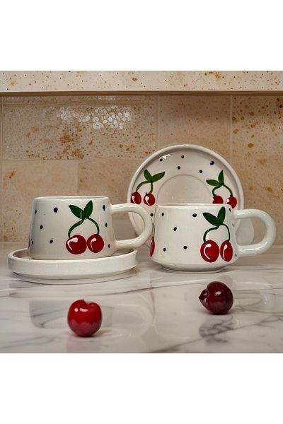 İlbay Çini Takı Ilbay Ceramic Mug Cup with 2 Plates "Cherry