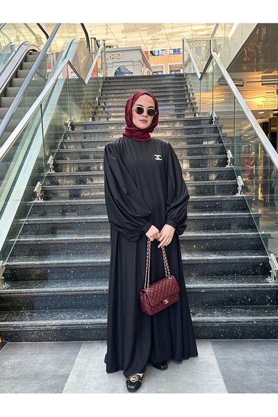 NS Moda Hijab Retro Balloon Sleeve Dress Black Model-537