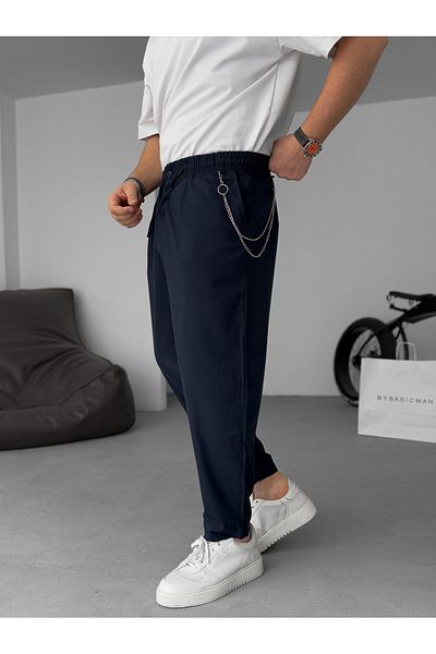 BYBASICMAN Navy Blue Carrot Cut Chain Trousers Res-5037