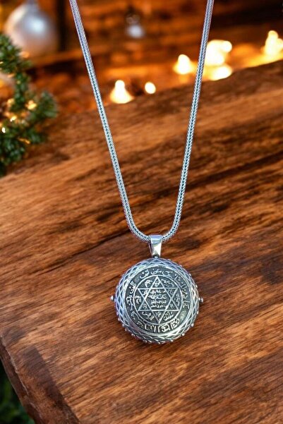 Moda Gümüş 925 Ayar Gümüş Hz. Süleyman Mührü Desenli Cevşen Muska Kabı Kolye