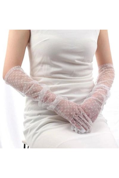Teknosfer Long Length White Polka Dot White Color Adult Tulle Gloves