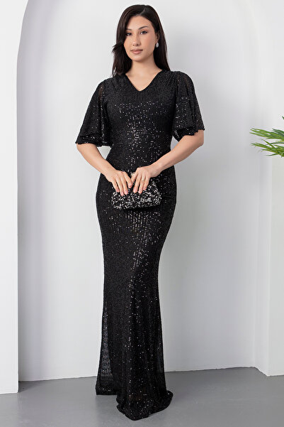 PULLIMM V Yaka Uzun Pulpayet Elbise AP-3004