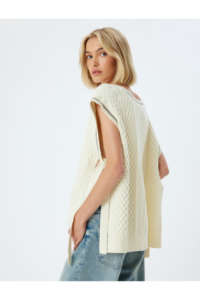Koton V-Neck Knitwear - Sweater with Side Window Detail and Hair Braid Pattern
