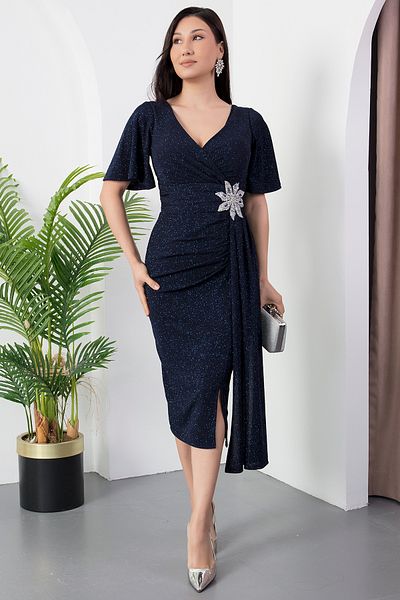 PULLIMM Double Breasted Neckline Waist Flower Stone Dress 39937