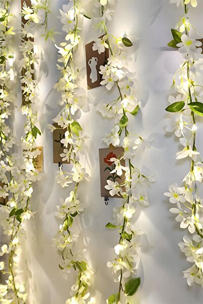 Buka Shops Beyaz Kiraz Çiçeği ve 3 Metre LED Işık Seti - Yapay Sarmaşık Çiçek...