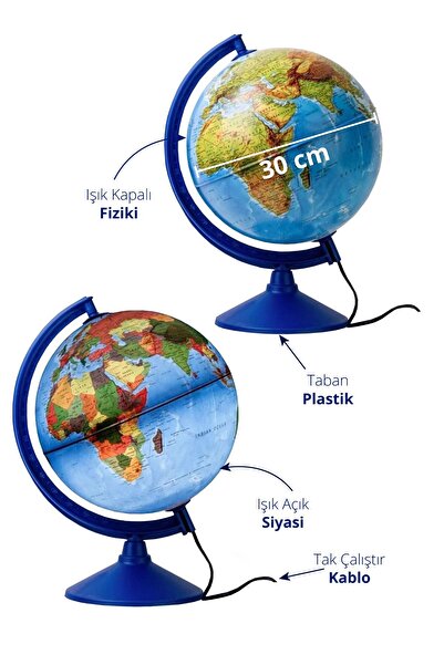 Gürbüz Işıklı Küre - 30 Cm - Hem Fiziki Hem Siyasi Dünya Küresi 41301