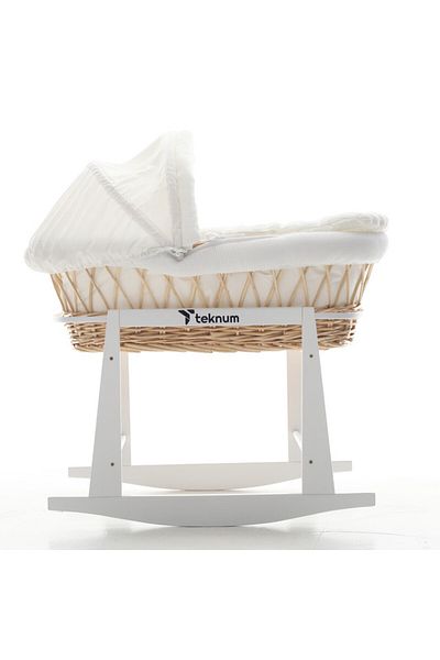 TEKNUM Infant Wicker Moses Basket with White Waffle Beddings & White Rocker Stand - Wooden Brown
