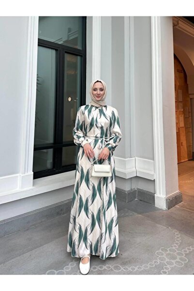 Cardella Desenli Krem Saten Elbise Tesetür Uyumlu Astarlı Saten Elbise
