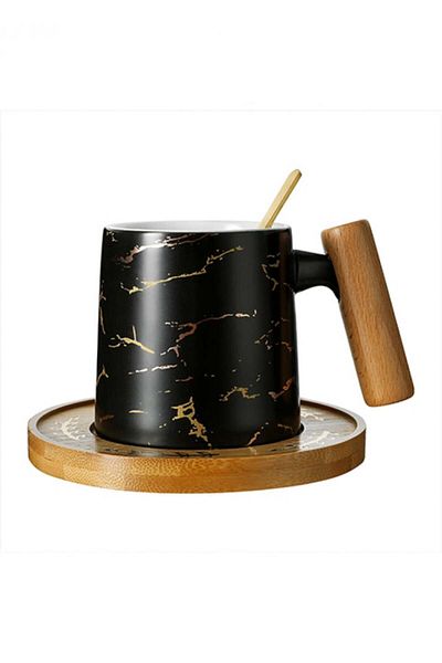 Miniso Marble Ceramic Mug with Wood Handle with Coaster & Spoon, 235mL (Black)