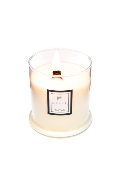 Missi Büyük Üfleme Cam Ahşap Fitilli Black Vanilya Vegan Mum(380 GR)
