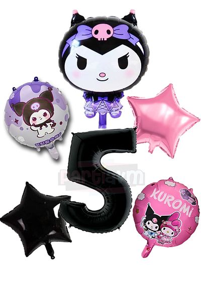 PARTİAVM 5 Years Old Kuromi Theme Balloon Pink Black Star Foil Balloon - Black Number Balloon and Printed Foil Balloon