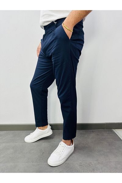 MODA Navy Blue Pleated Gabardine Jogger Pants