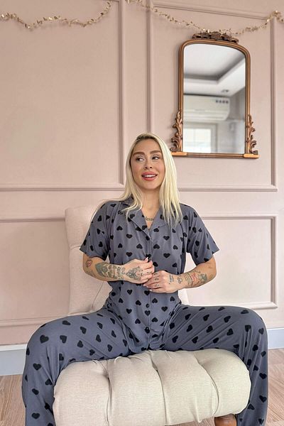 Pijamaevi Smoked Berry Love Patterned Bamboo Front Buttoned Short Sleeve Pajama Set