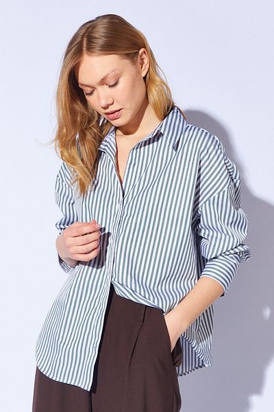 Manche Khaki Striped Oversize Comfortable Fit Basic Women's Shirt |   Mks 167429 -01