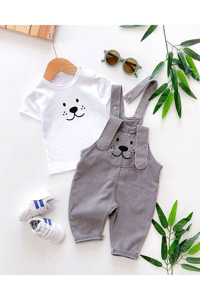 hümabebe Long ear puppy pocket knitted jeans summer 2 piece salopet set