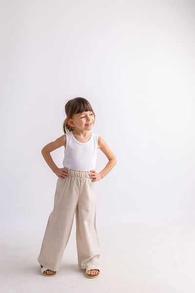 Oliven The Kid Beige Linen Ruffle Waist Elastic Wide Leg Girls' Trousers