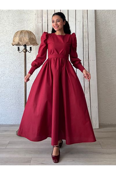 KÜÇÜĞÜM BUTİK Hijab Claret Red Flared Poplin Φόρεμα