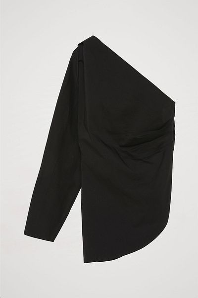 Quzu Black One Shoulder Draped Detail Blouse
