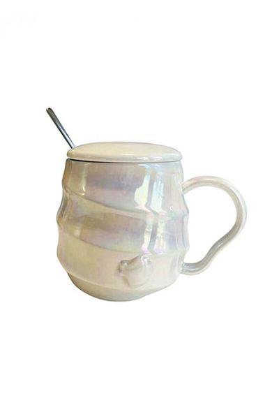 Miniso Iridescent Ceramic Seashell Mug with Lid and Spoon 400ml - White