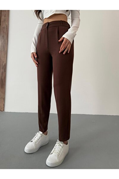 BİKELİFE Γυναικείο υφασμάτινο παντελόνι με ψηλόμεσο ελαστικό καρότο