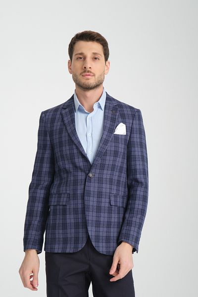 Frappoli Ανδρικό μπουφάν Galileo Slim Fit Indigo Blazer - Καρό καρό, μονό γιακά, μη ελαστικό ύφασμα